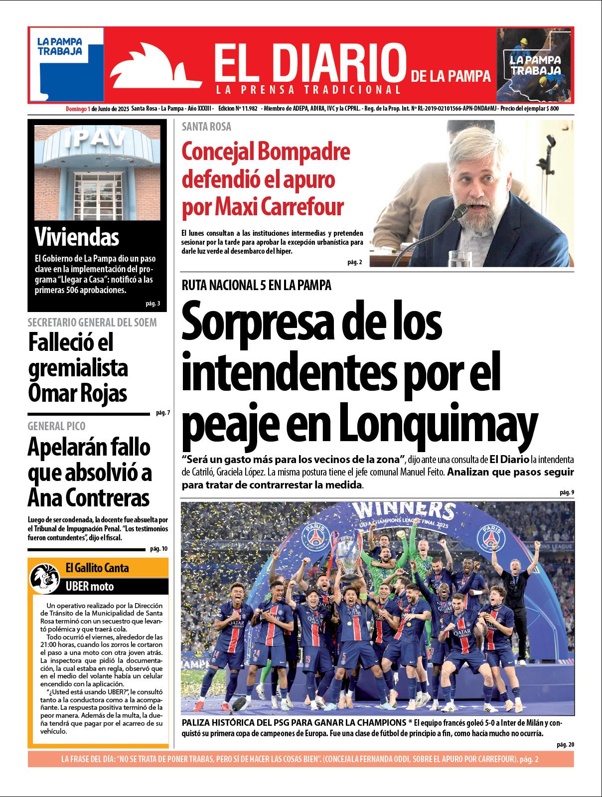 Tapa de El Diario en papel  domingo 01 de junio de 2025